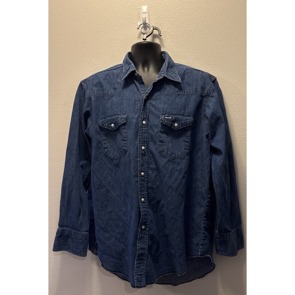 Vintage Wrangler Size 16x35 Mens Pearl Snap Denim Western Shirt‎ Brushpopper